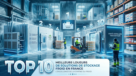 Drawing of a warehouse with machinery and refrigerated containers, illustrating the activity of cold storage rental companies and their solutions