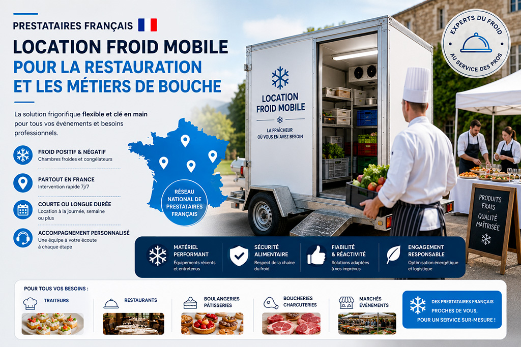 Photograph showing a catering chef in front of a refrigerated container, illustrating the ranking of the best mobile cold rental providers for the catering industry in France.