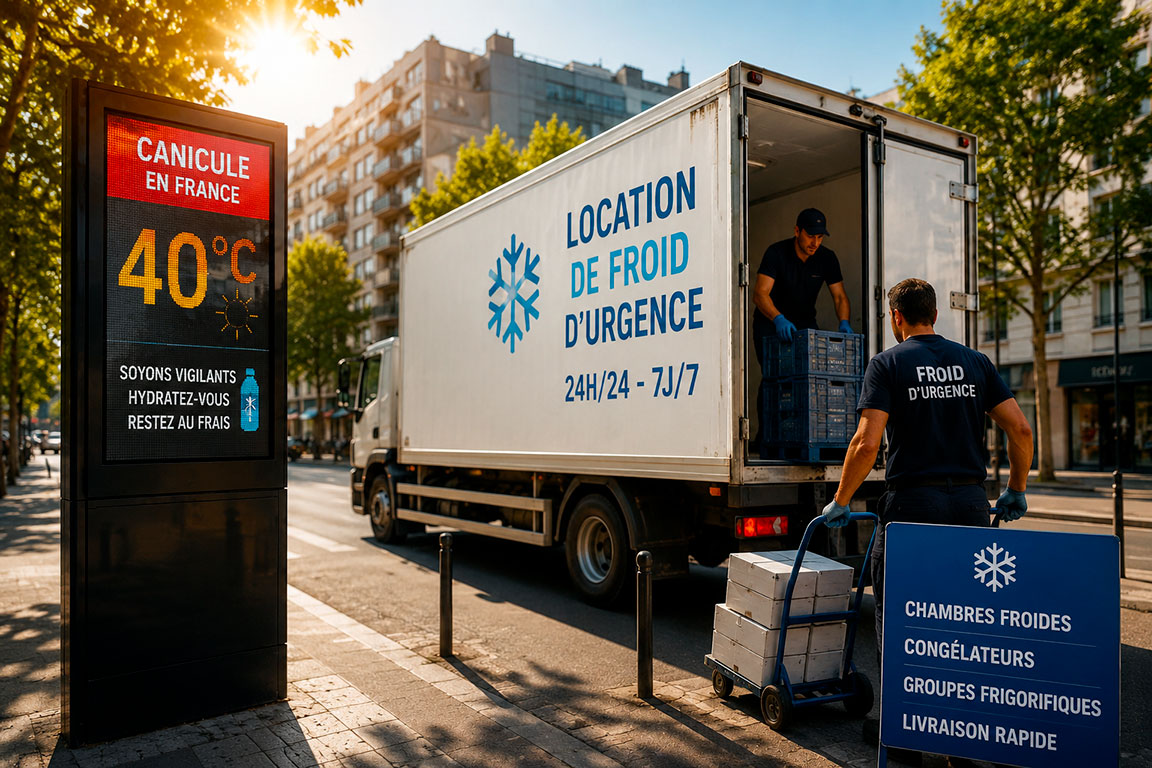 illustration montrant des livreurs de solutions froides à Paris pendant la canicule, parmi les meilleurs prestataires location froid urgence en France