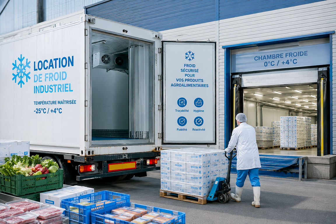 Photo d'un container frigorifique devant un supermarché, pour illustrer le besoin de chambre froide industrielle agroalimentaire